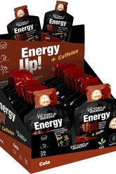 Weider Victory Endurance Energy Up! + Caffeine gel packaging display with energy gels in cola flavor.